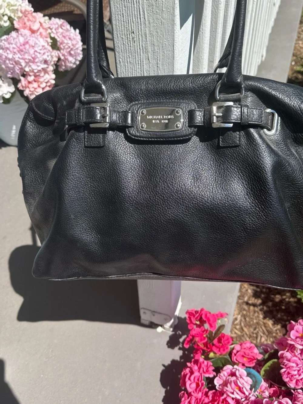 Michael Kors Black Pebbled Leather Shoulder Bag with Silver Hardware
